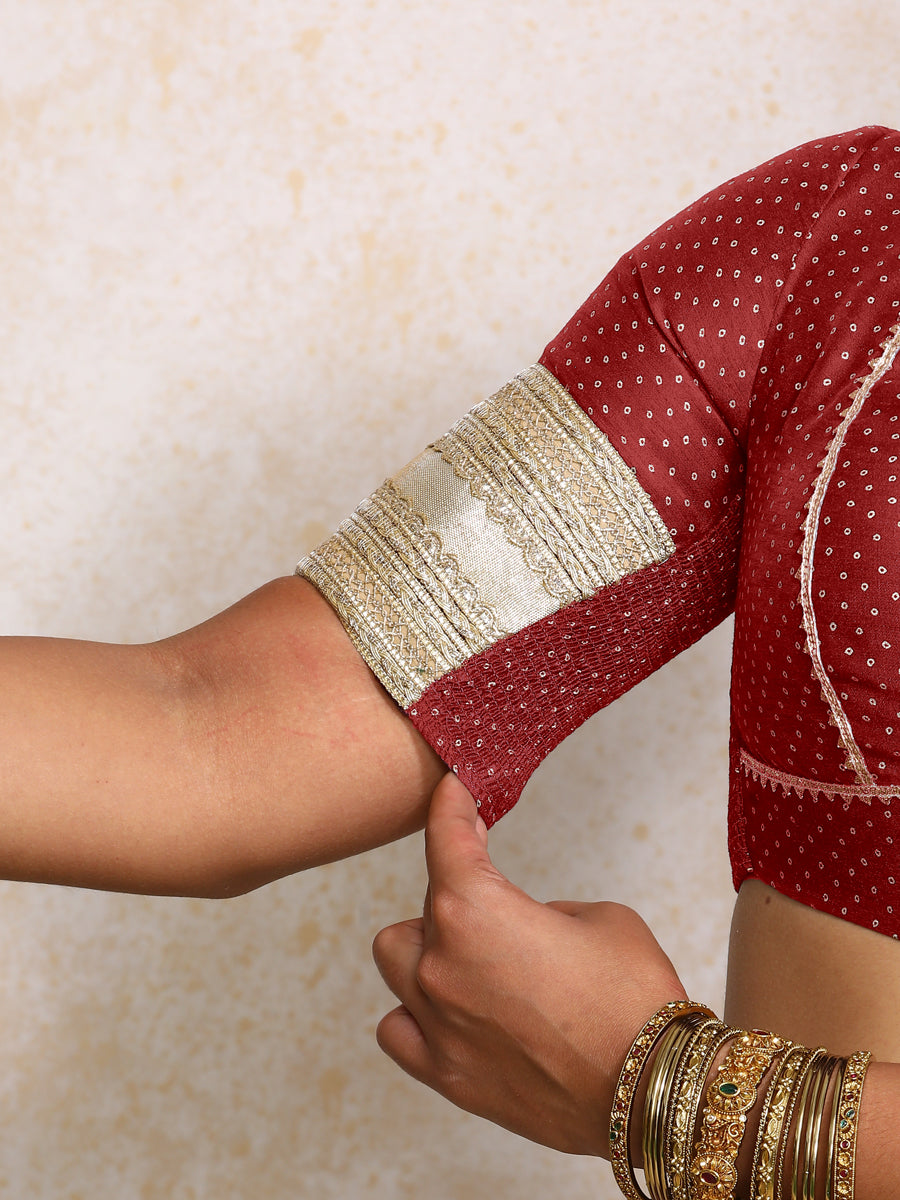 Elira x Tyohaar Saree Blouse, in Red Chandheri, featuring elbow sleeves and v-neckline, made for party & festive (view 4).