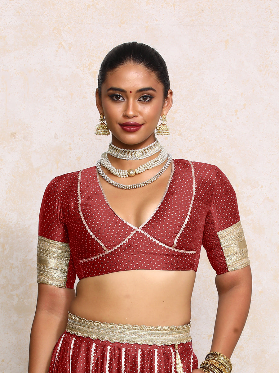 Elira x Tyohaar Saree Blouse, in Red Chandheri, featuring elbow sleeves and v-neckline, made for party & festive (view 5).