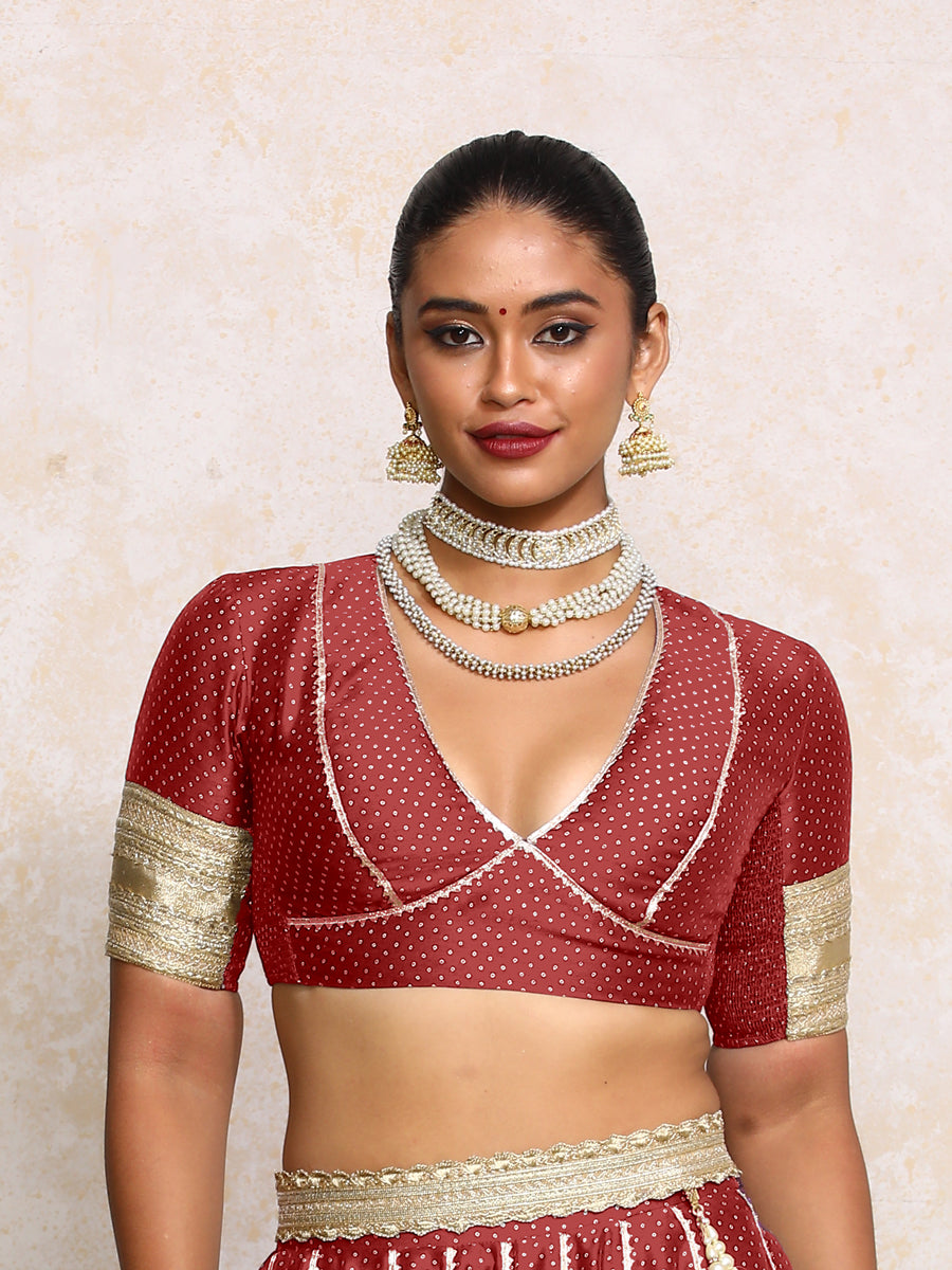 Elira x Tyohaar Saree Blouse, in Red Chandheri, featuring elbow sleeves and v-neckline, made for party & festive (view 6).