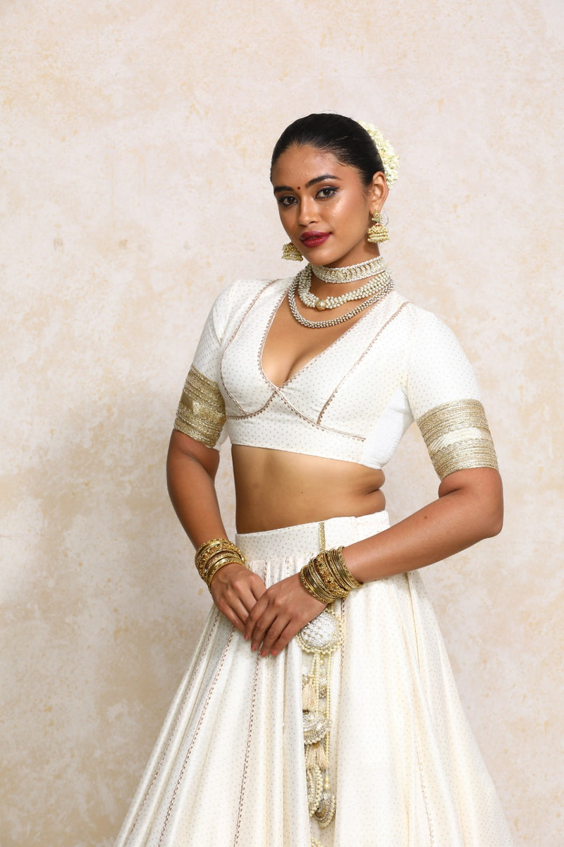 Elira x Tyohaar | Elbow Sleeves White Foil Chandheri Saree Blouse-Binks