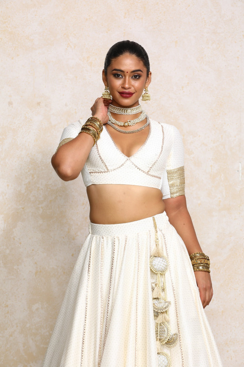 Elira x Tyohaar | Elbow Sleeves White Foil Chandheri Saree Blouse-Binks