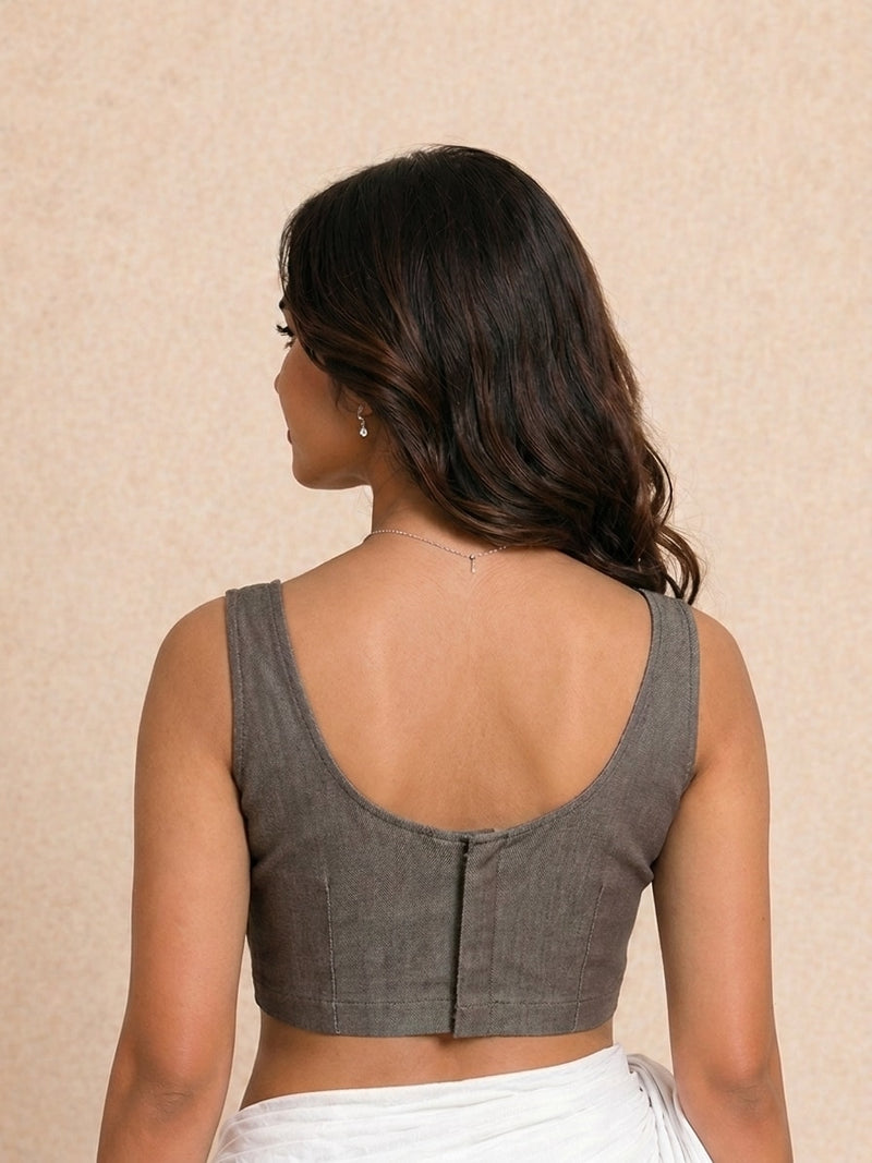 Elva | Sleeveless Charcoal Grey Denim Lycra StretchFit™ Saree Blouse-Binks