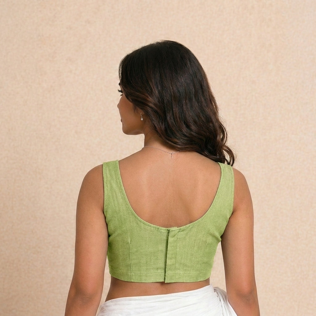 Elva Saree Blouse, in Green Denim Lycra, featuring sleeveless and scoop neckline, made for daily & work (view 2).