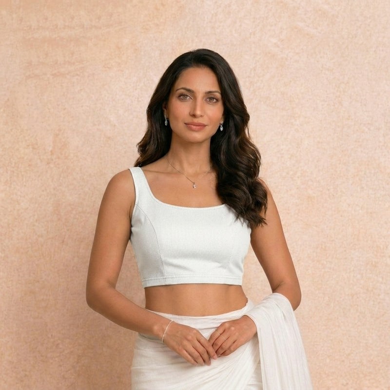 Elva | Sleeveless Pearl White Denim Lycra StretchFit™ Saree Blouse-Binks