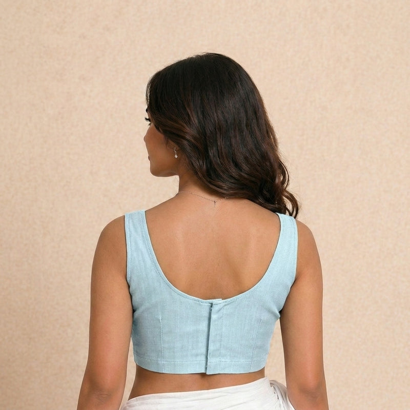 Elva | Sleeveless Soft Blue Denim Lycra StretchFit™ Saree Blouse-Binks