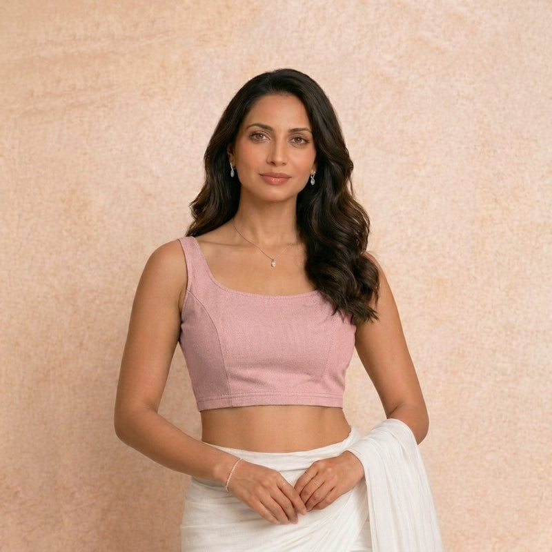 Elva | Sleeveless Summer Pink Denim Lycra StretchFit™ Saree Blouse-Binks