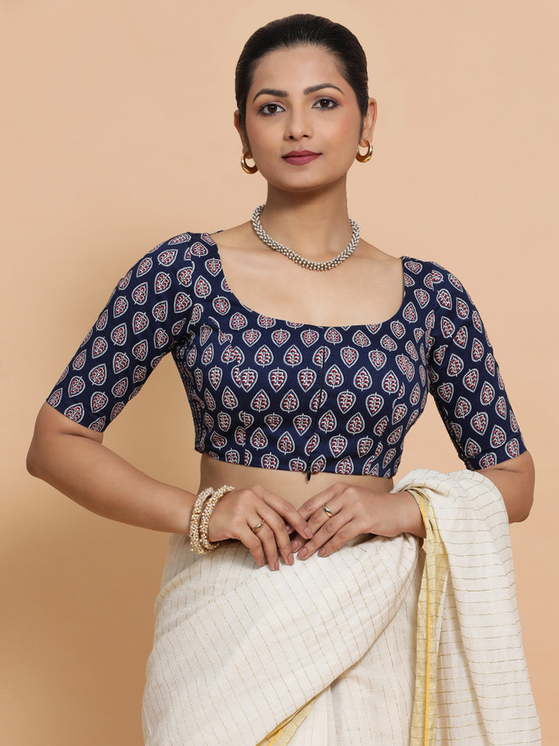 Ena x Rozaana | Elbow Sleeves Cotton Saree Blouse in Indigo Blue Spade Block Print Fabric-Binks