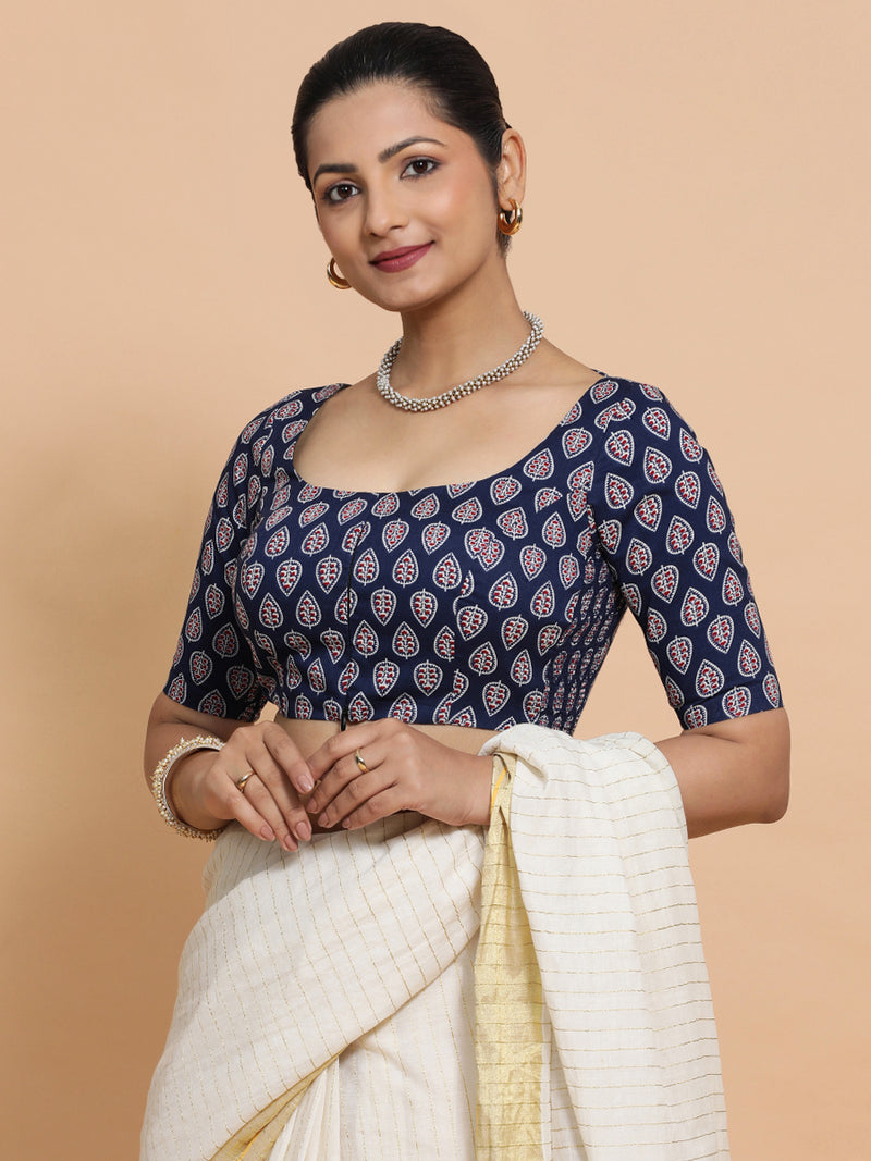 Ena x Rozaana | Elbow Sleeves Cotton Saree Blouse in Indigo Blue Spade Block Print Fabric-Binks