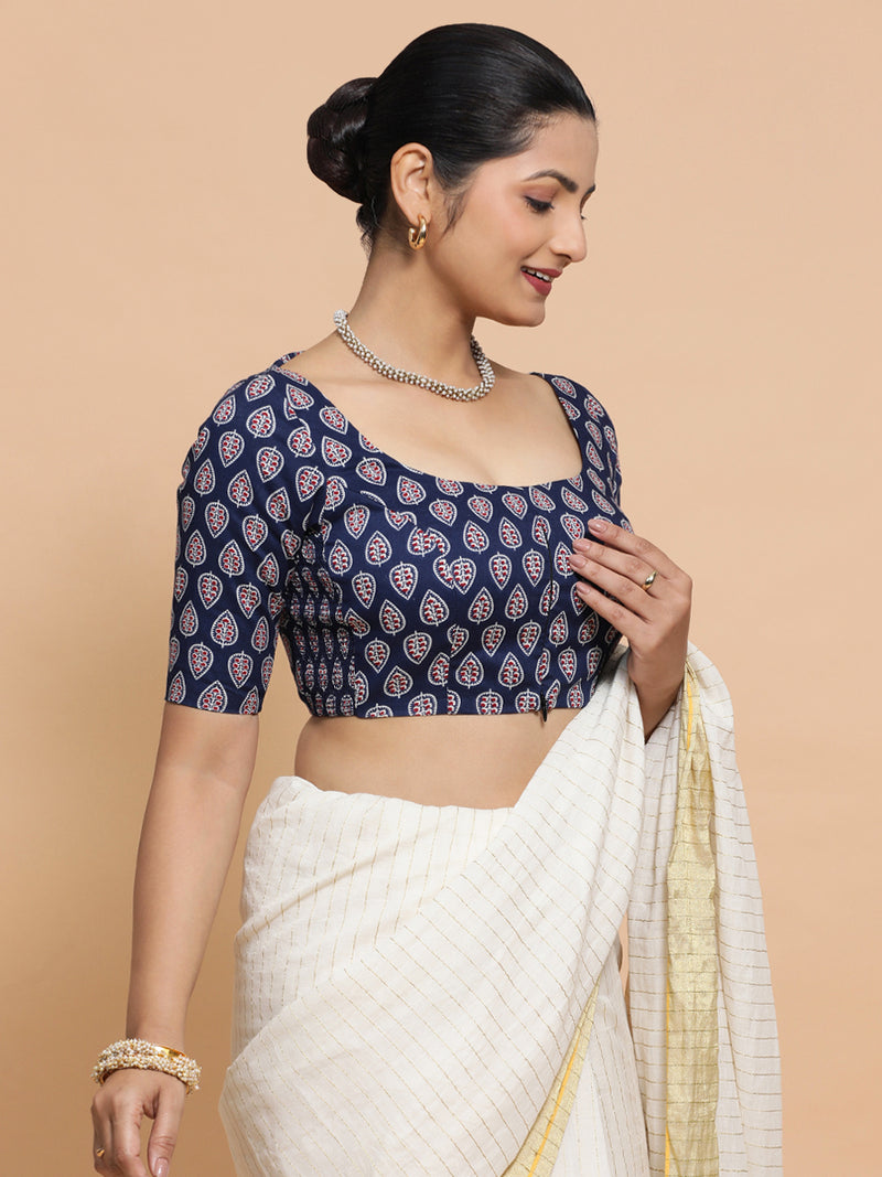 Ena x Rozaana | Elbow Sleeves Cotton Saree Blouse in Indigo Blue Spade Block Print Fabric-Binks