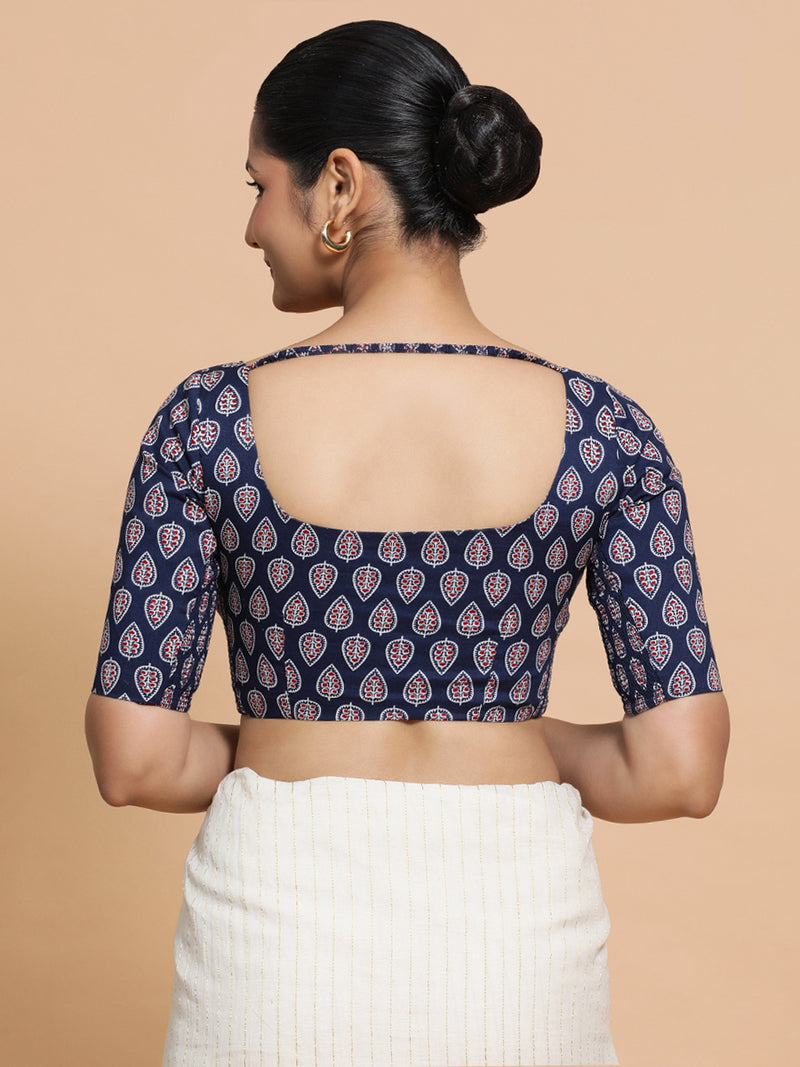 Ena x Rozaana | Elbow Sleeves Cotton Saree Blouse in Indigo Blue Spade Block Print Fabric-Binks
