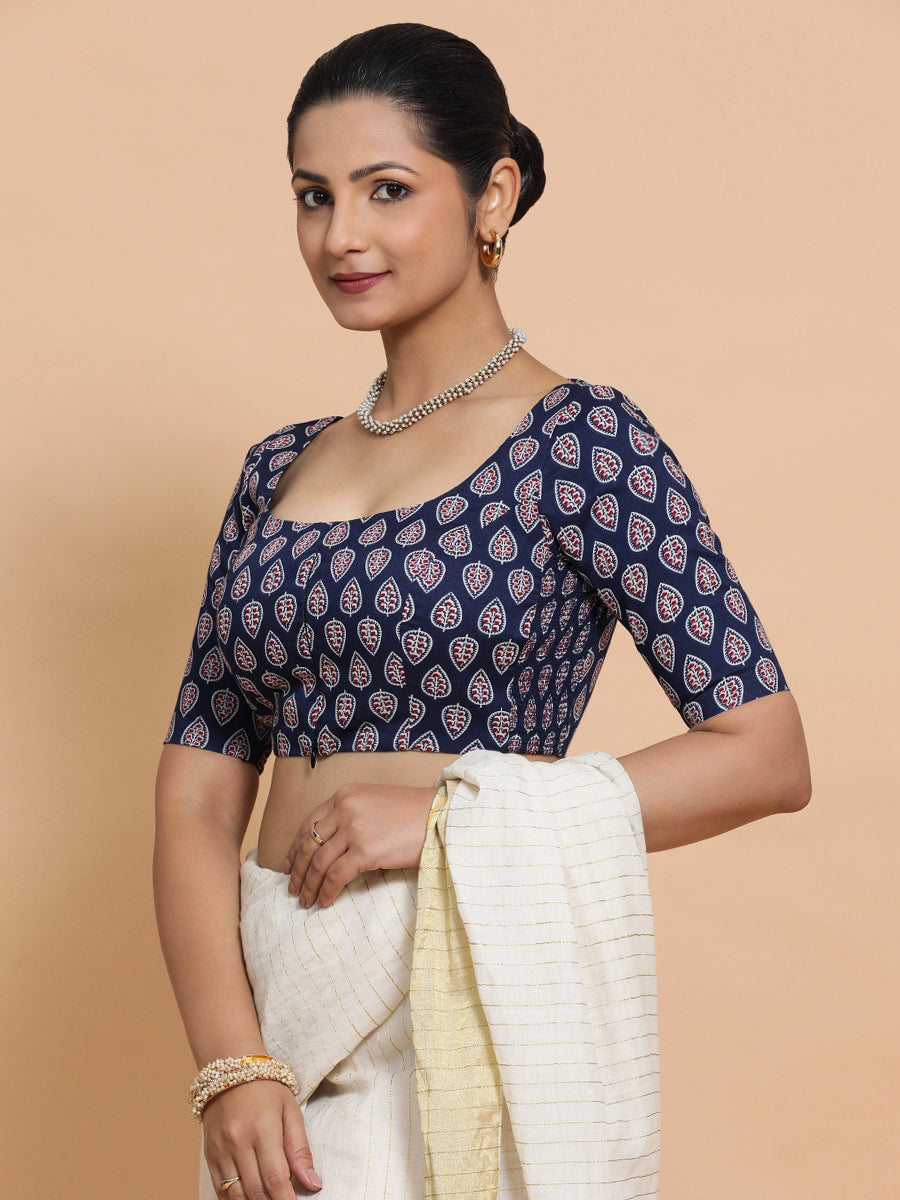 Ena x Rozaana Saree Blouse, in Blue Cotton, featuring elbow sleeves and scoop neckline, made for daily & work (view 5).