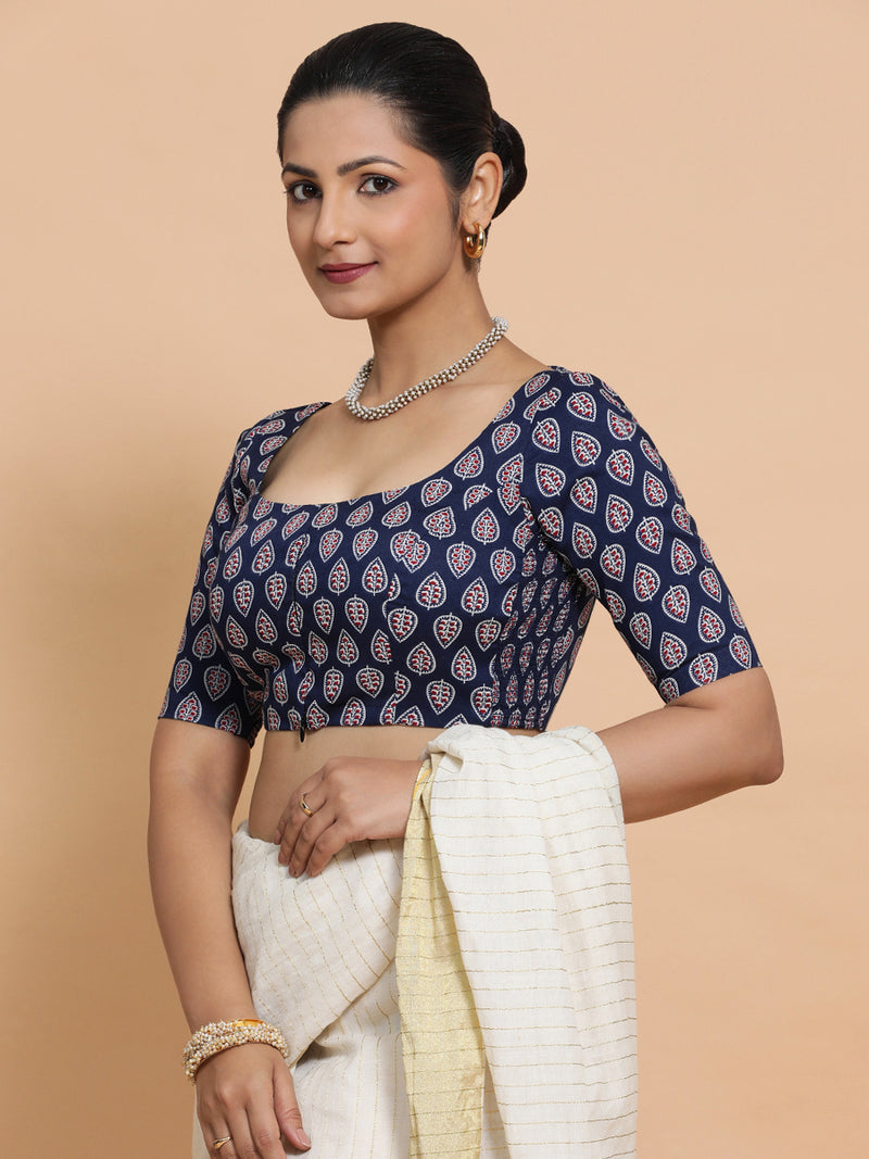 Ena x Rozaana | Elbow Sleeves Cotton Saree Blouse in Indigo Blue Spade Block Print Fabric-Binks
