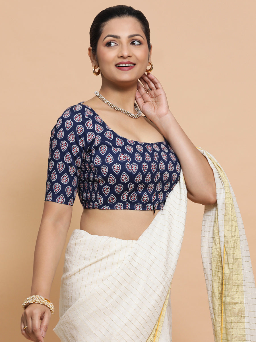 Ena x Rozaana Saree Blouse, in Blue Cotton, featuring elbow sleeves and scoop neckline, made for daily & work (view 6).
