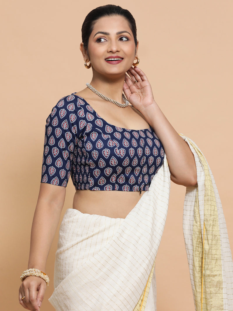 Ena x Rozaana | Elbow Sleeves Cotton Saree Blouse in Indigo Blue Spade Block Print Fabric-Binks