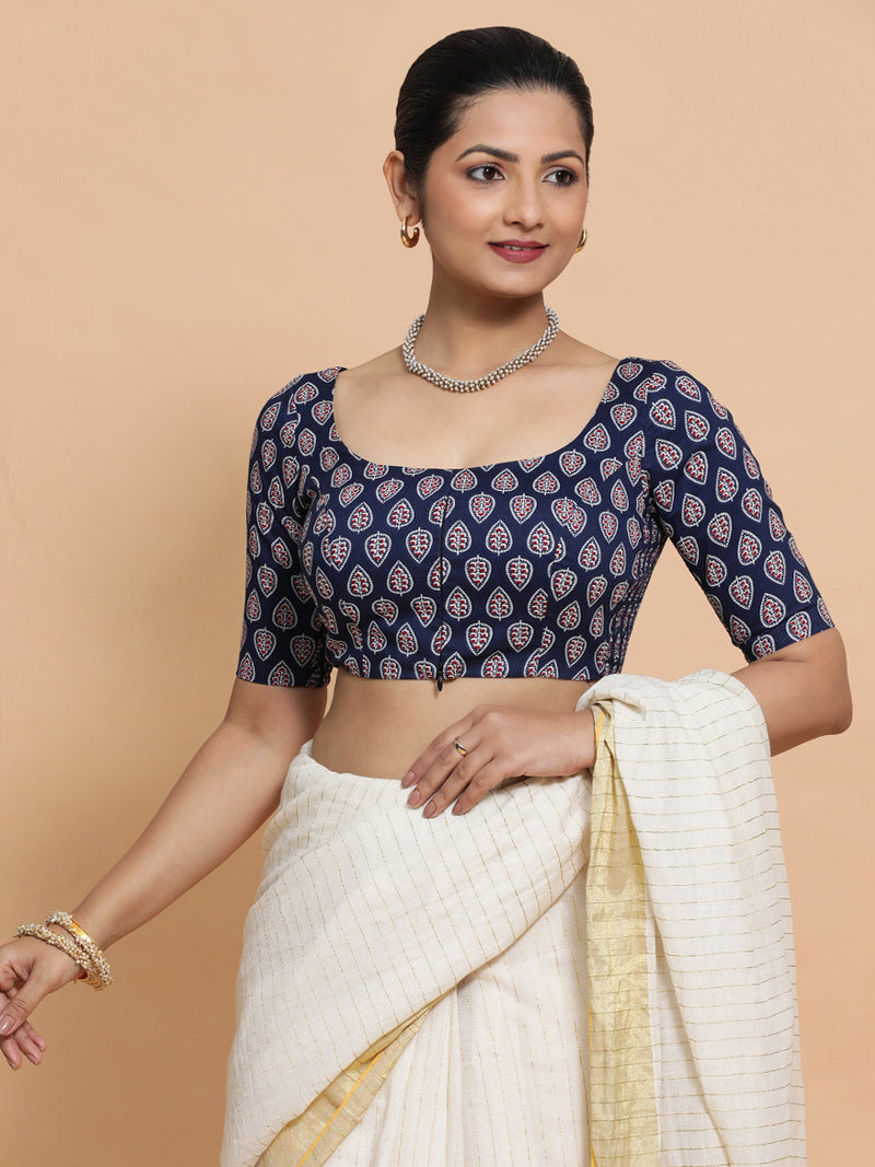 Ena x Rozaana | Elbow Sleeves Cotton Saree Blouse in Indigo Blue Spade Block Print Fabric-Binks