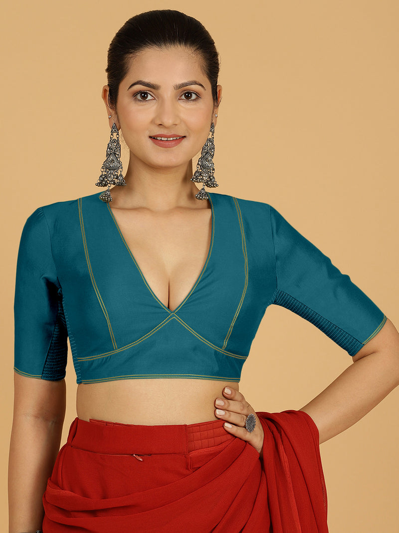 Erum x Rozaana | Elbow Sleeves Saree Blouse in Crystal Teal-Binks