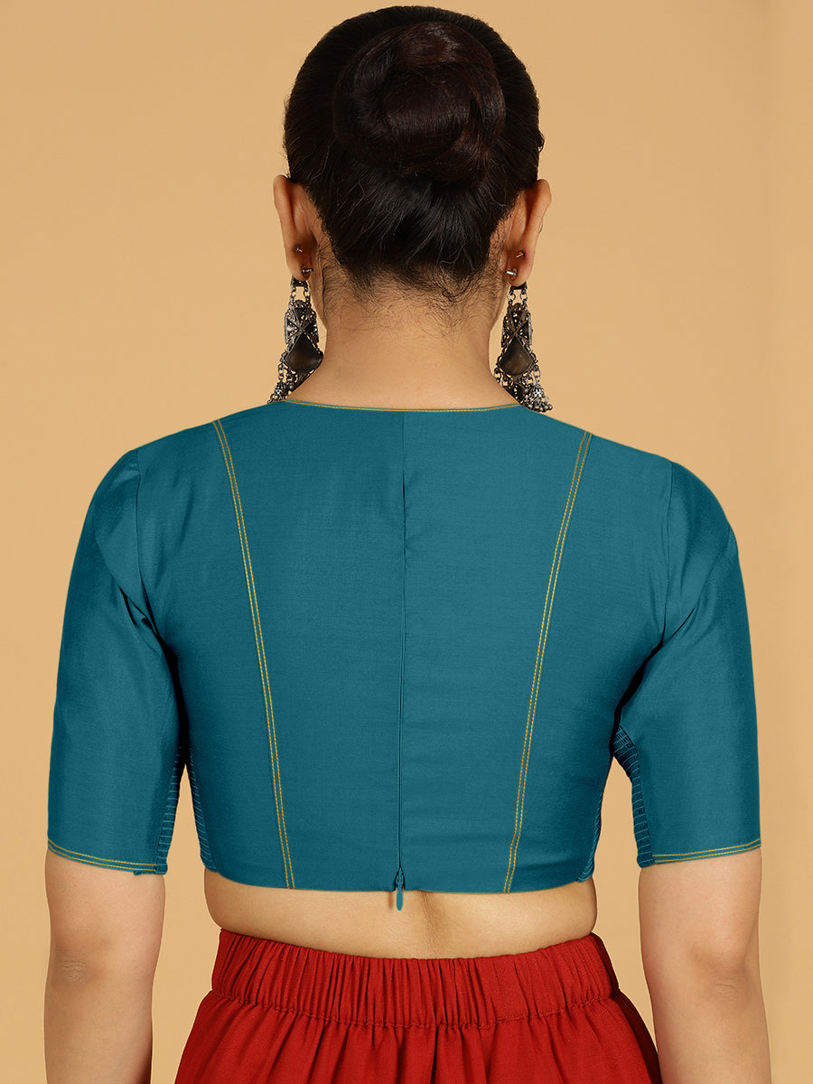 Erum x Rozaana Saree Blouse, in Blue Viscose, featuring elbow sleeves and curved v-neckline, made for daily & work (view 2).