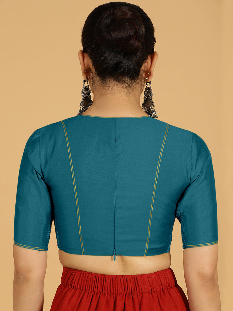 Erum x Rozaana Saree Blouse, in Blue Viscose, featuring elbow sleeves and curved v-neckline, made for daily & work (view 2).