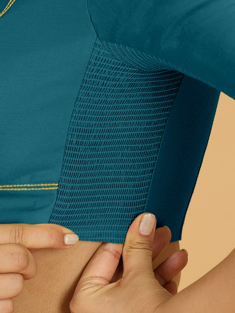 Erum x Rozaana Saree Blouse, in Blue Viscose, featuring elbow sleeves and curved v-neckline, made for daily & work (view 3).