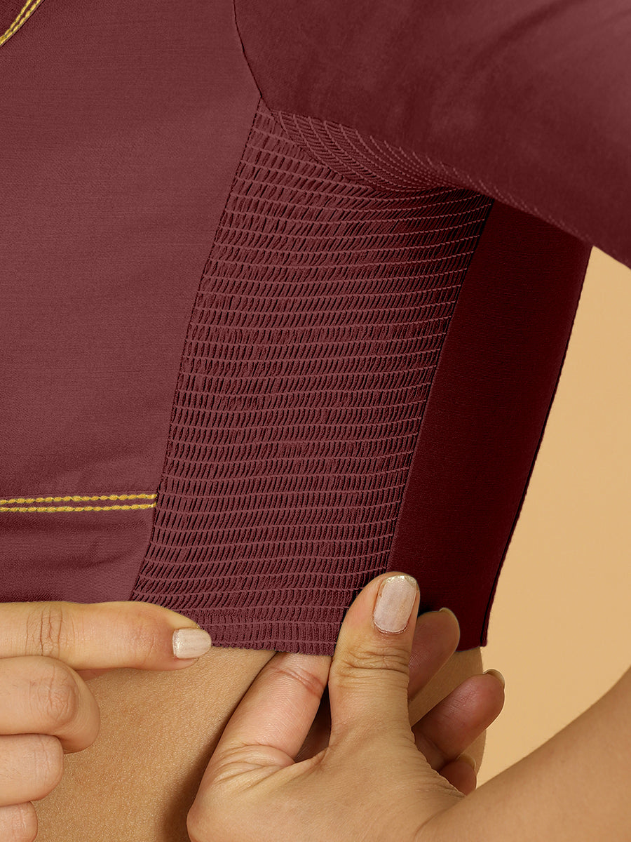 Erum x Rozaana Saree Blouse, in Maroon Viscose, featuring elbow sleeves and curved v-neckline, made for daily & work (view 3).