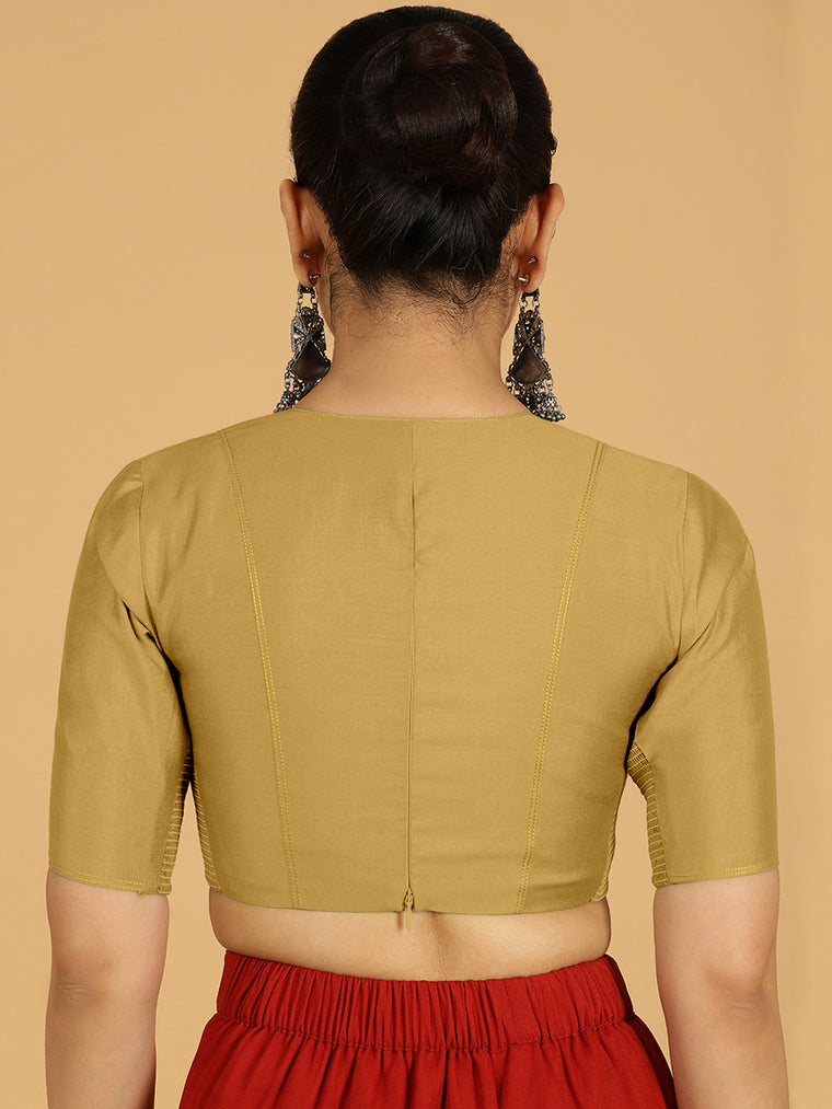 Erum x Rozaana Saree Blouse, in Yellow Viscose, featuring elbow sleeves and curved v-neckline, made for daily & work (view 2).