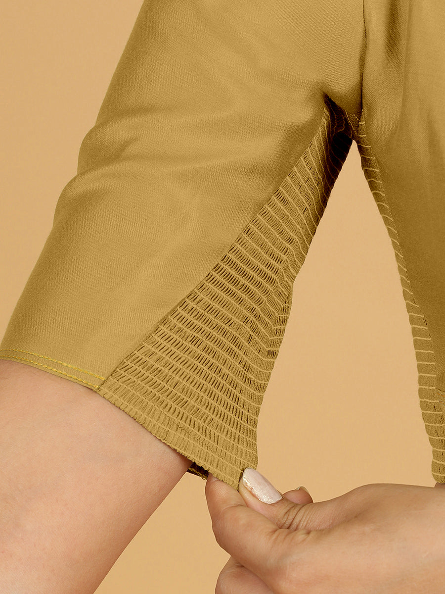 Erum x Rozaana Saree Blouse, in Yellow Viscose, featuring elbow sleeves and curved v-neckline, made for daily & work (view 4).