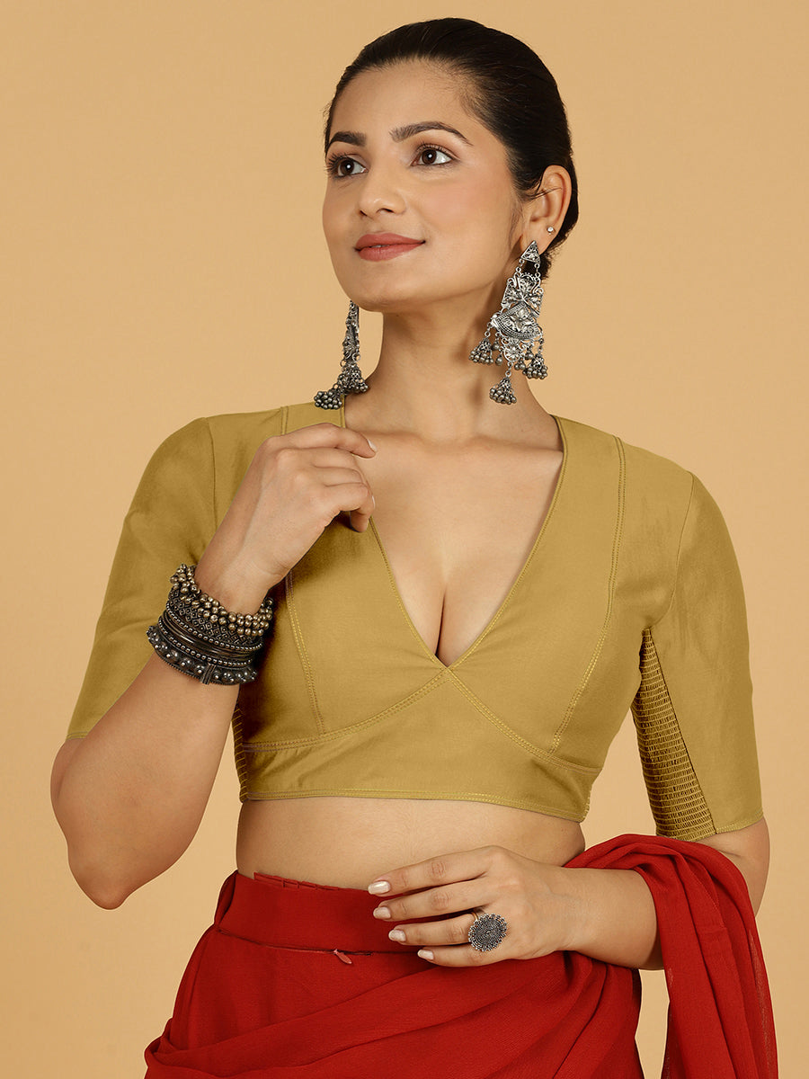 Erum x Rozaana Saree Blouse, in Yellow Viscose, featuring elbow sleeves and curved v-neckline, made for daily & work (view 6).