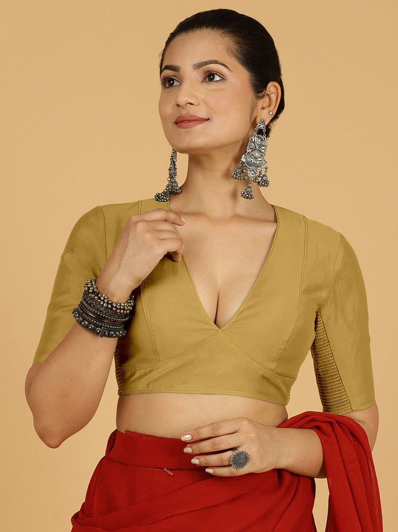 Erum x Rozaana | Elbow Sleeves Saree Blouse in Dijon Mustard-Binks