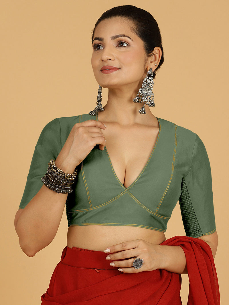 Erum x Rozaana | Elbow Sleeves Saree Blouse in Hunter Green-Binks