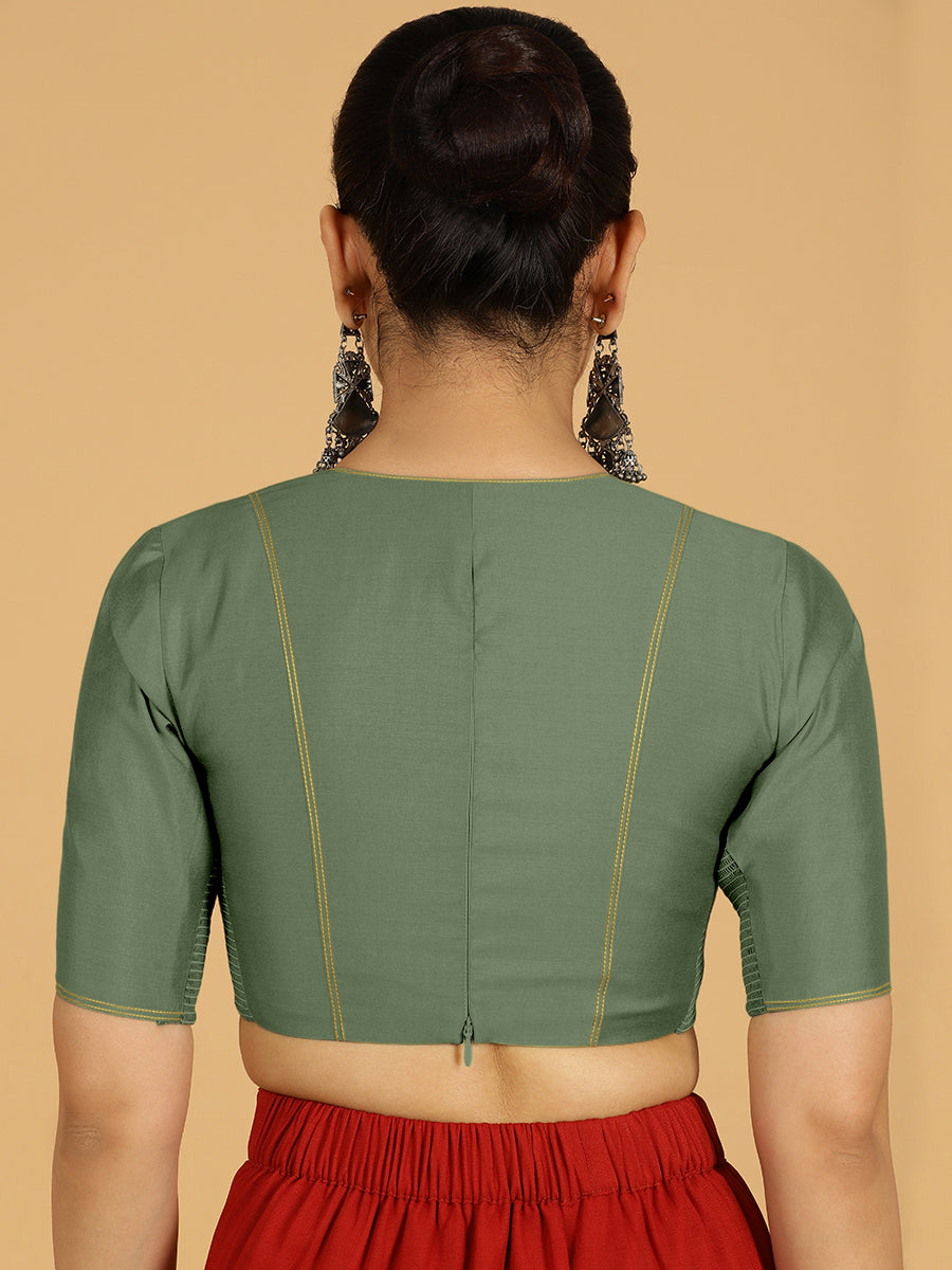 Erum x Rozaana Saree Blouse, in Green Viscose, featuring elbow sleeves and curved v-neckline, made for daily & work (view 2).
