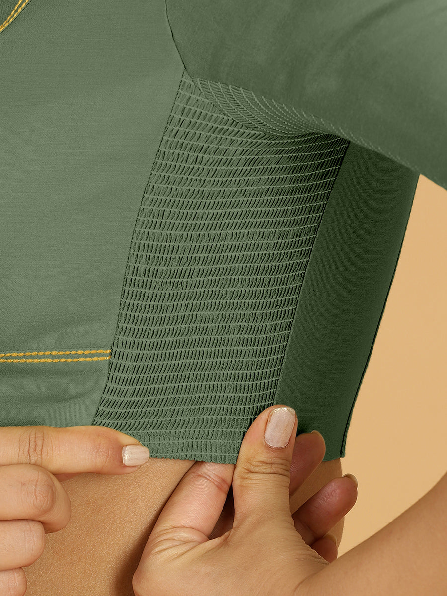Erum x Rozaana Saree Blouse, in Green Viscose, featuring elbow sleeves and curved v-neckline, made for daily & work (view 3).