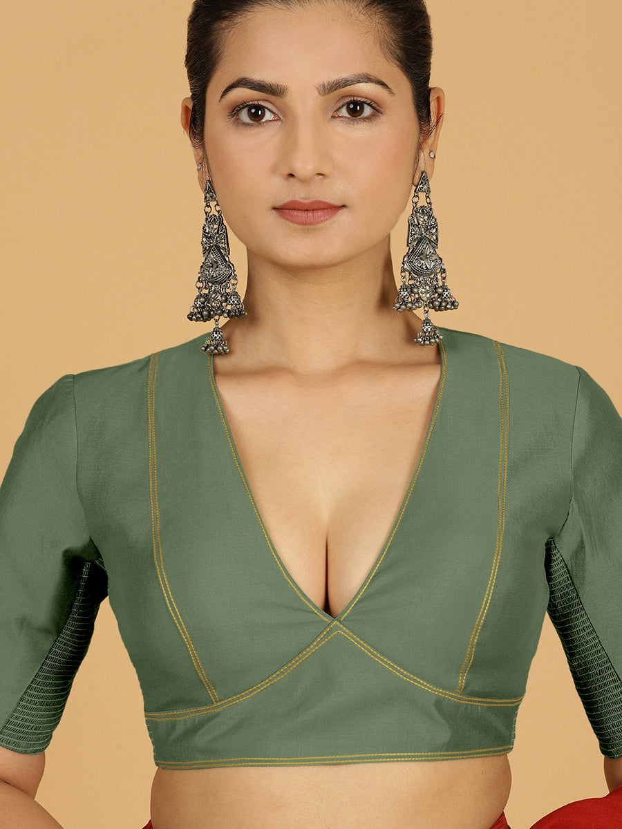Erum x Rozaana Saree Blouse, in Green Viscose, featuring elbow sleeves and curved v-neckline, made for daily & work (view 5).