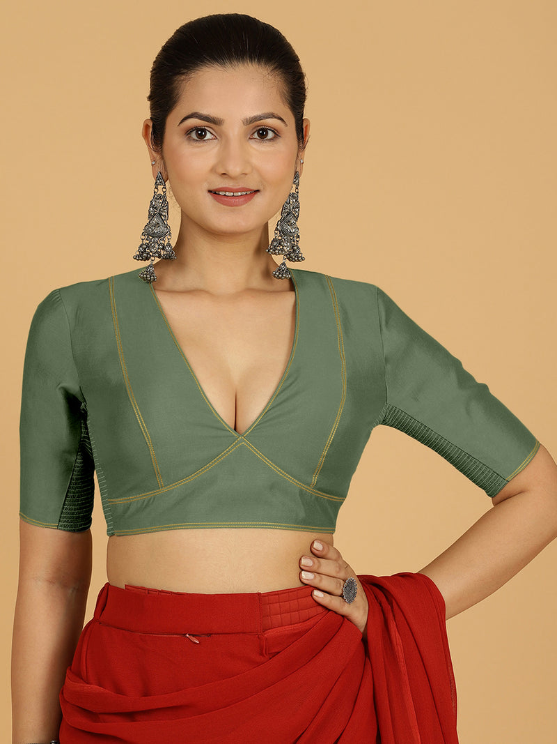 Erum x Rozaana | Elbow Sleeves Saree Blouse in Hunter Green-Binks