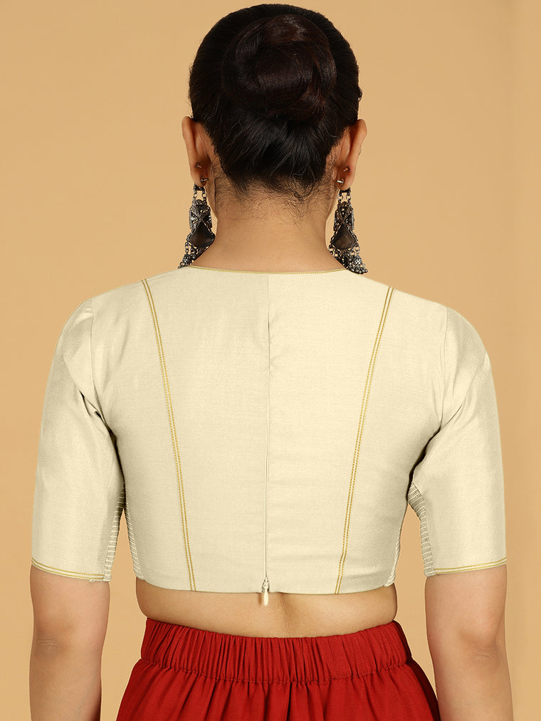 Erum x Rozaana Saree Blouse, in Cream Viscose, featuring elbow sleeves and curved v-neckline, made for daily & work (view 2).