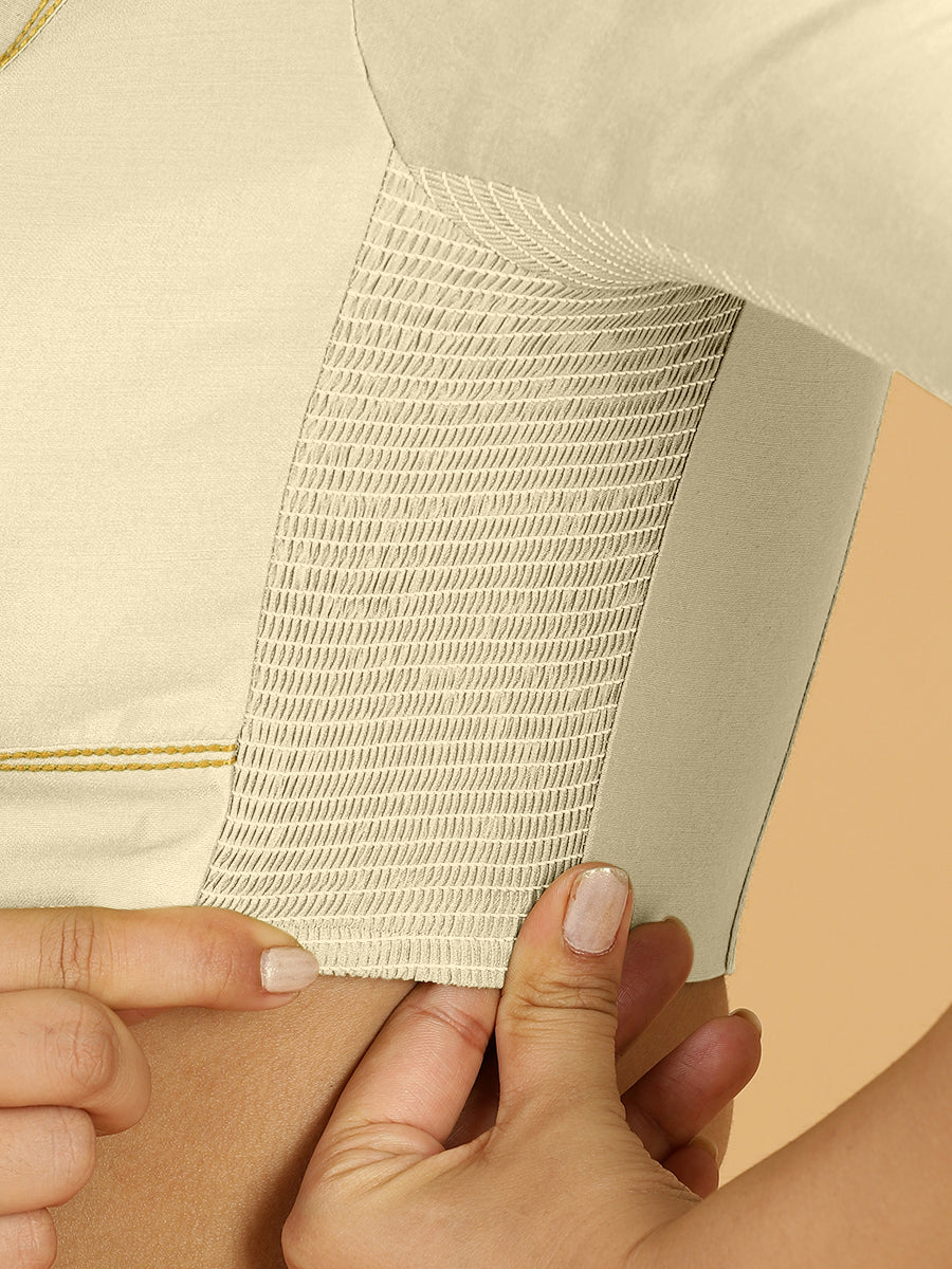 Erum x Rozaana Saree Blouse, in Cream Viscose, featuring elbow sleeves and curved v-neckline, made for daily & work (view 3).