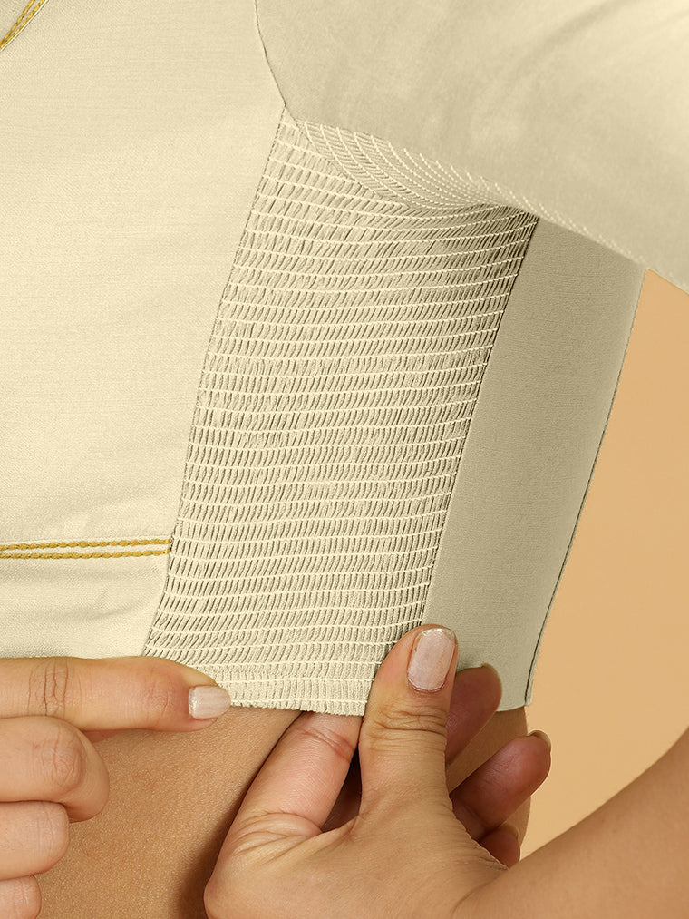 Erum x Rozaana Saree Blouse, in Cream Viscose, featuring elbow sleeves and curved v-neckline, made for daily & work (view 3).