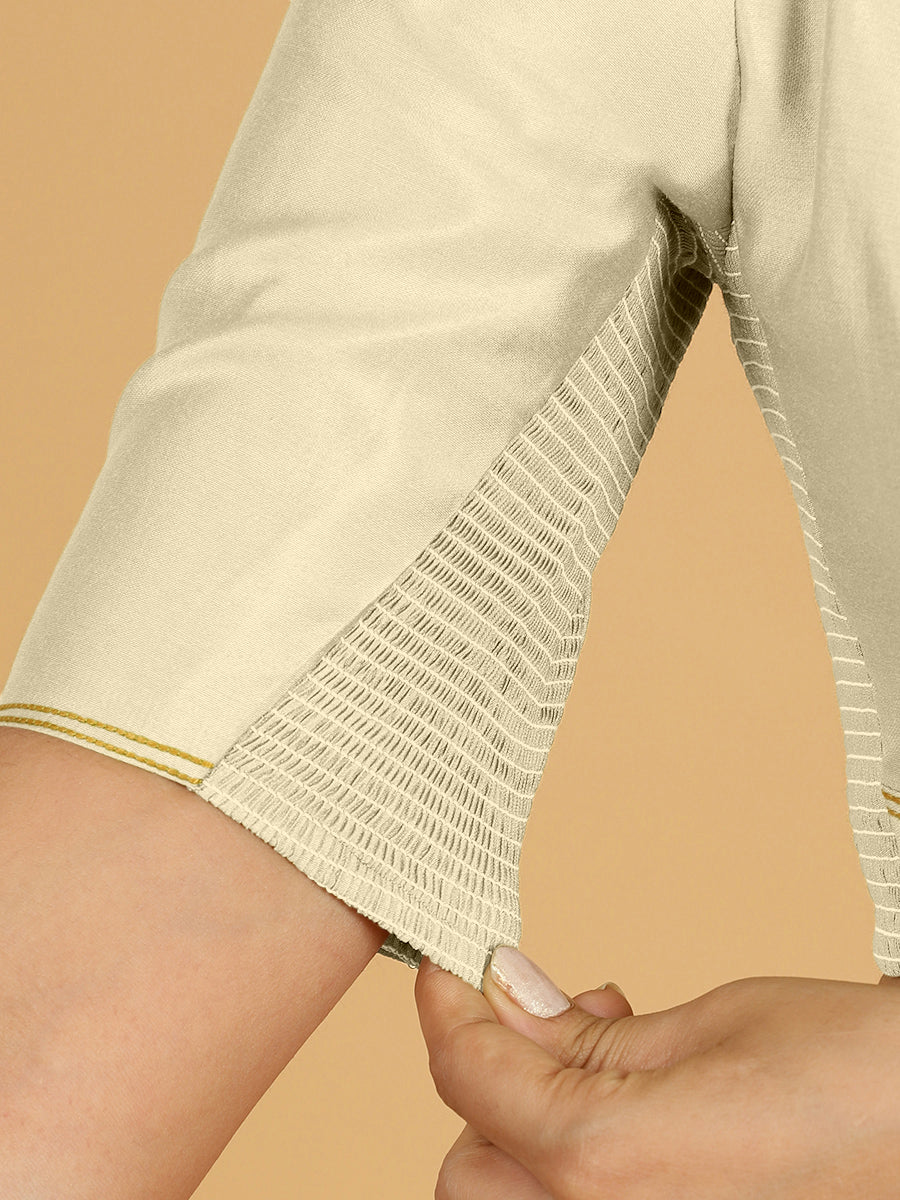 Erum x Rozaana Saree Blouse, in Cream Viscose, featuring elbow sleeves and curved v-neckline, made for daily & work (view 4).