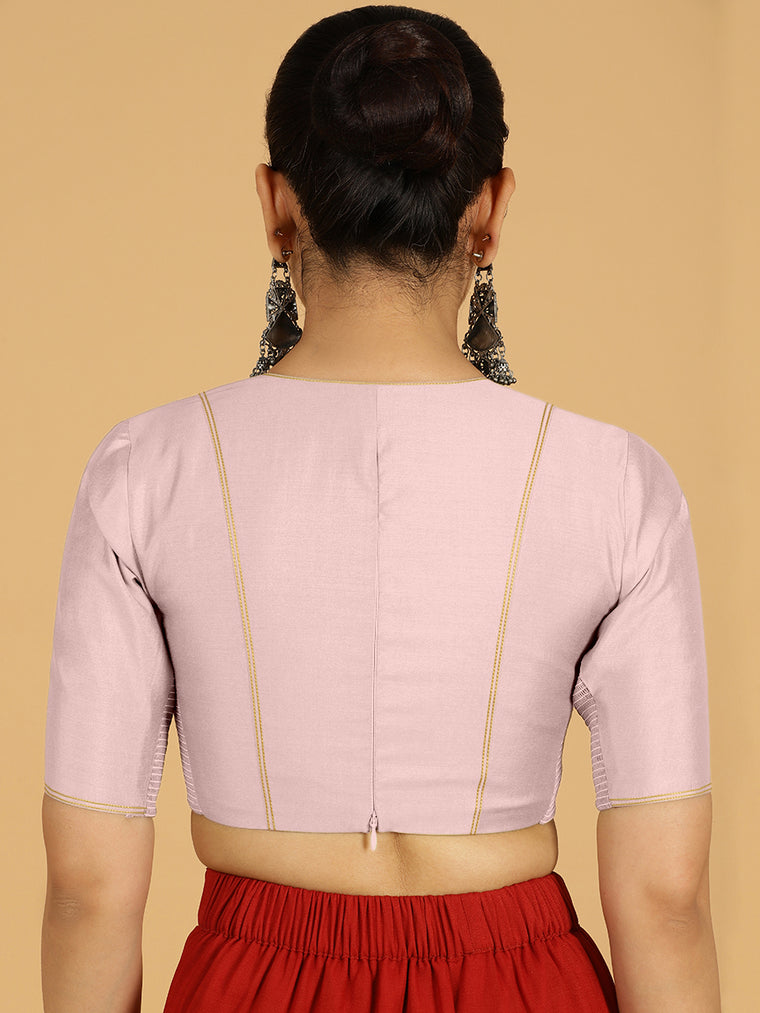 Erum x Rozaana Saree Blouse, in Purple Viscose, featuring elbow sleeves and curved v-neckline, made for daily & work (view 3).