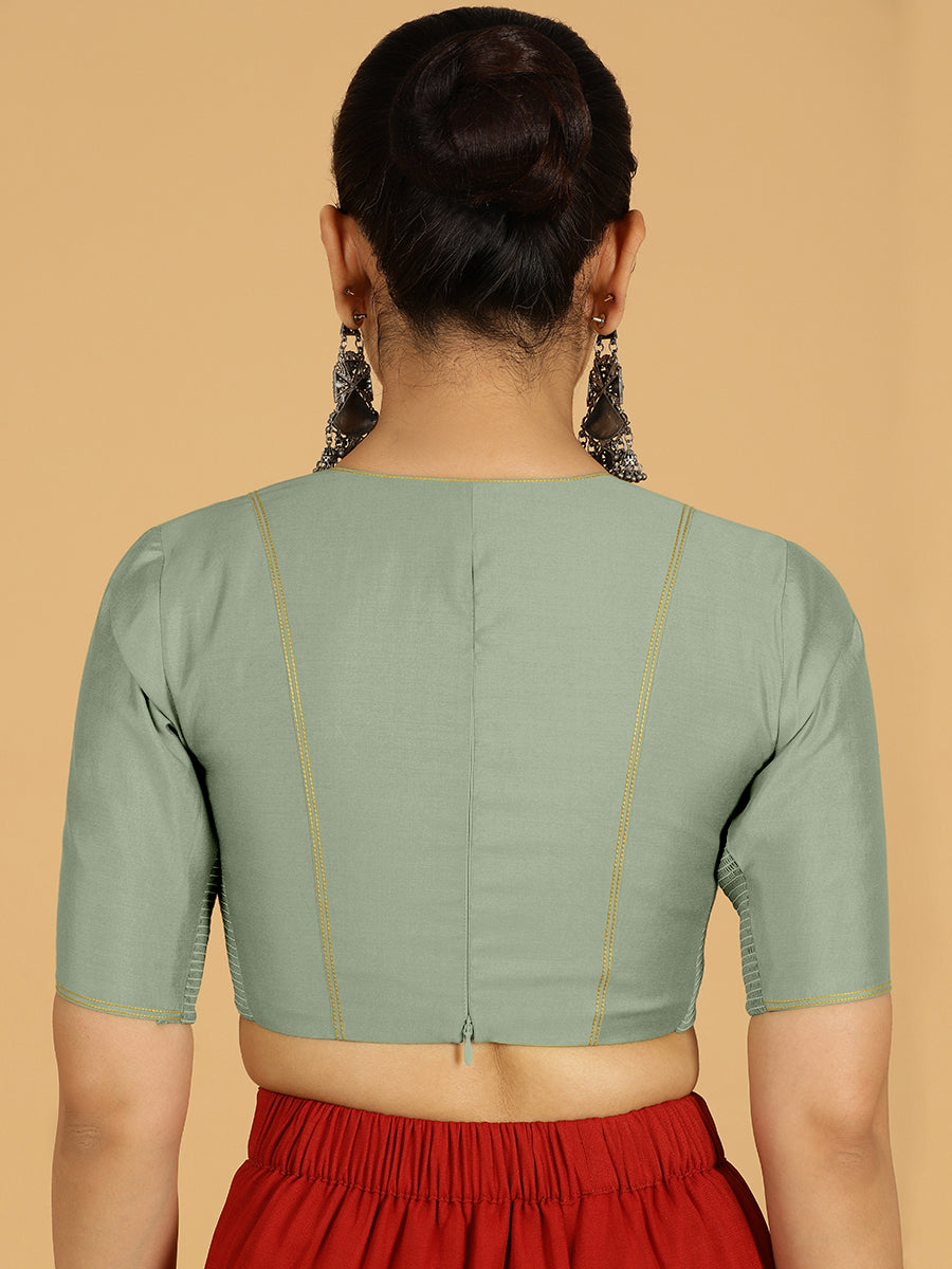 Erum x Rozaana Saree Blouse, in Green Viscose, featuring elbow sleeves and curved v-neckline, made for daily & work (view 2).