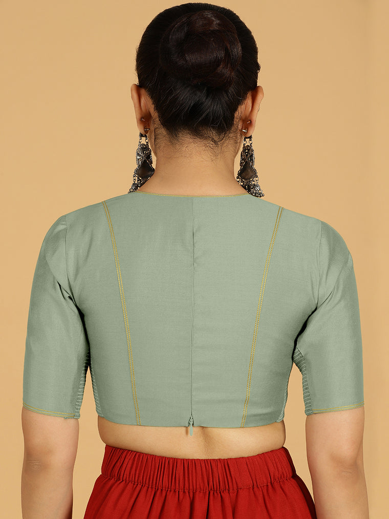 Erum x Rozaana Saree Blouse, in Green Viscose, featuring elbow sleeves and curved v-neckline, made for daily & work (view 2).