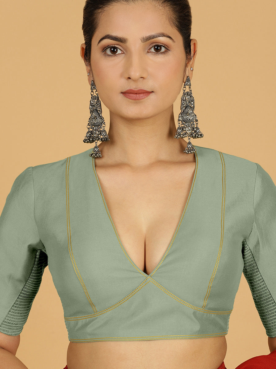 Erum x Rozaana Saree Blouse, in Green Viscose, featuring elbow sleeves and curved v-neckline, made for daily & work (view 5).