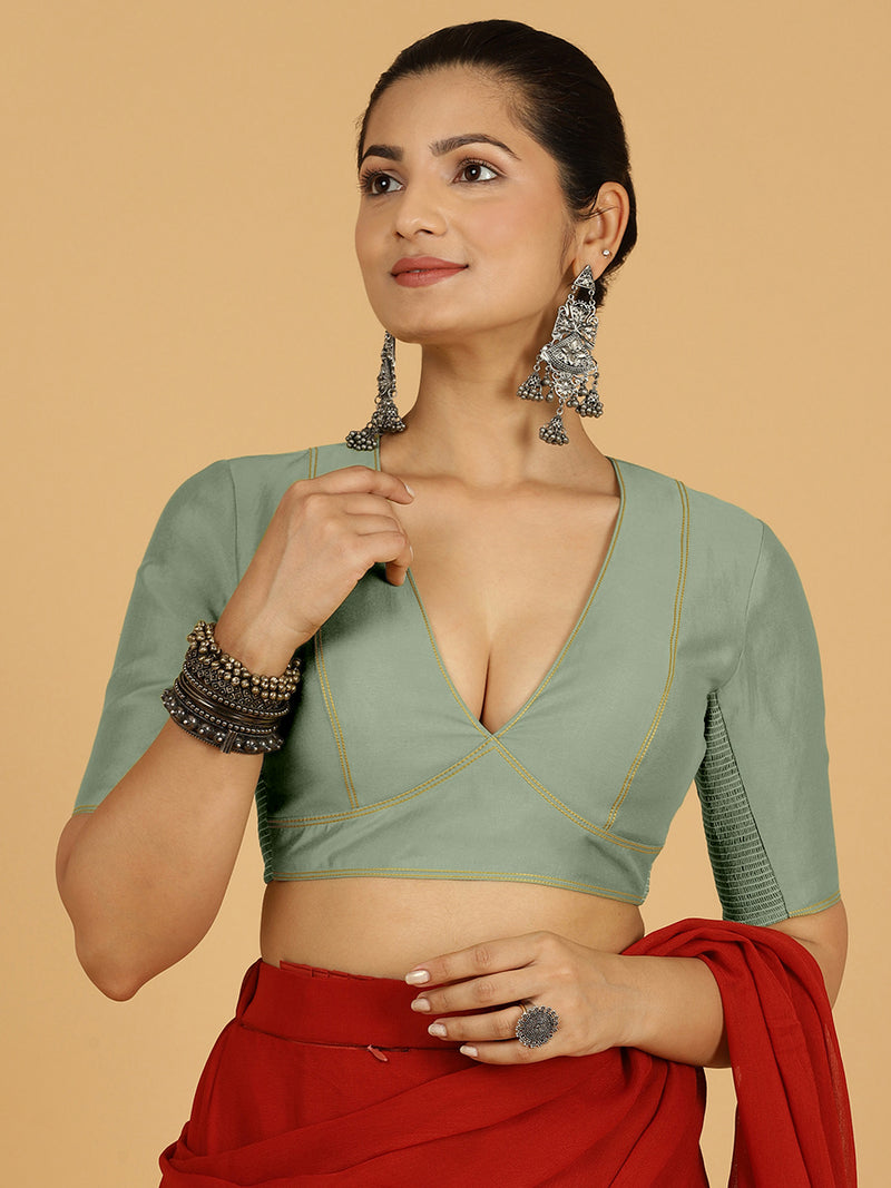 Erum x Rozaana | Elbow Sleeves Saree Blouse in Mint Green-Binks