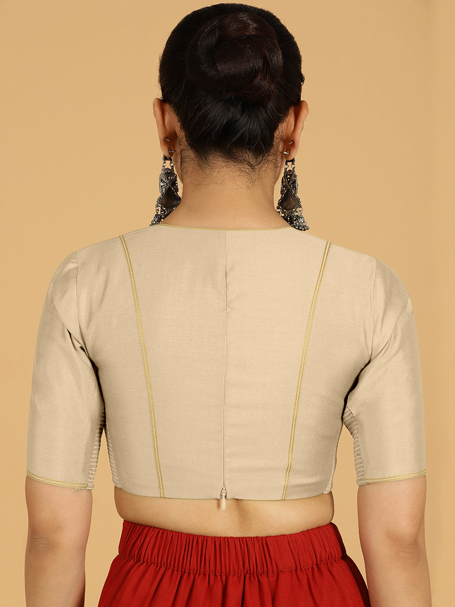 Erum x Rozaana Saree Blouse, in Grey Viscose, featuring elbow sleeves and curved v-neckline, made for daily & work (view 2).