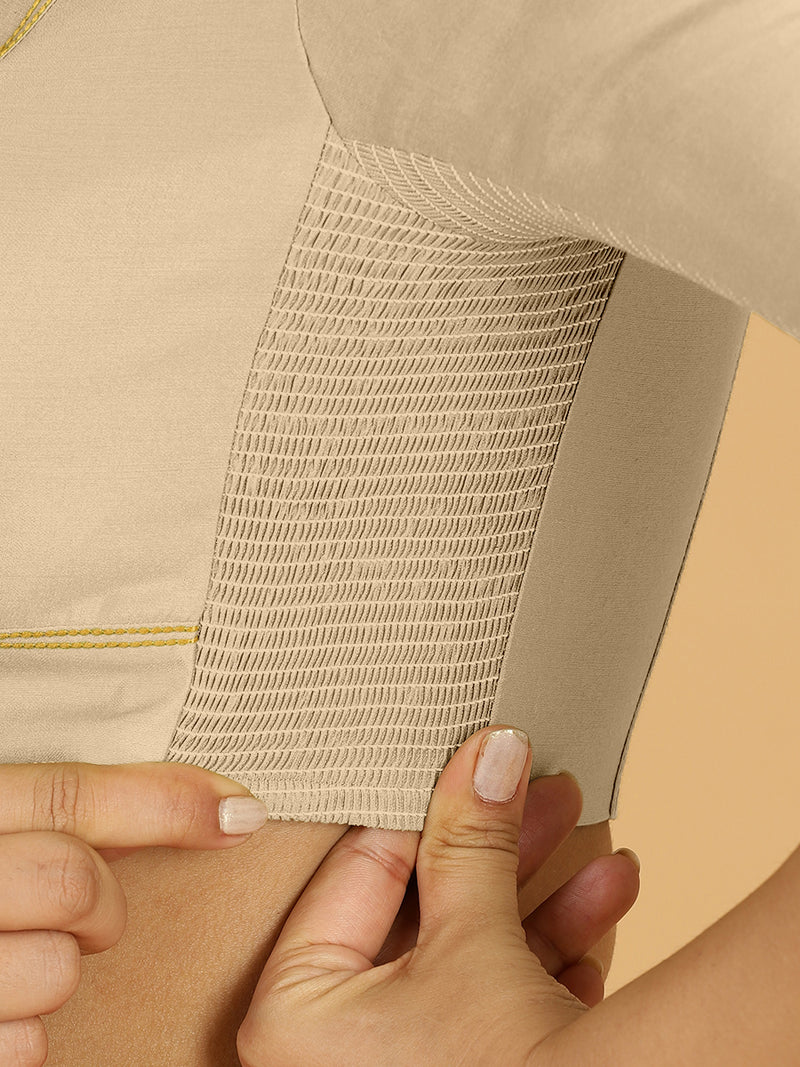 Erum x Rozaana | Elbow Sleeves Saree Blouse in Oyster Grey-Binks