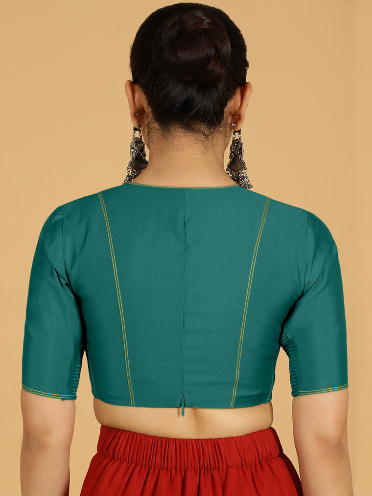 Erum x Rozaana Saree Blouse, in Green Viscose, featuring elbow sleeves and curved v-neckline, made for daily & work (view 2).
