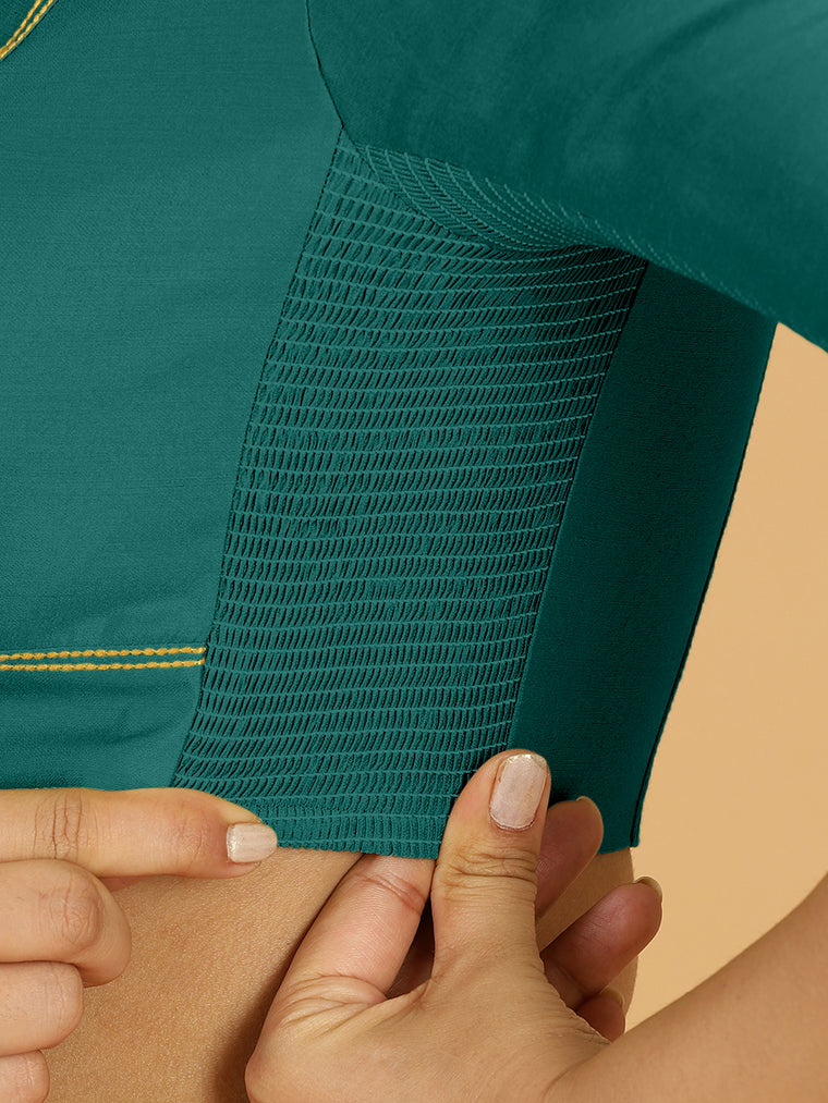 Erum x Rozaana Saree Blouse, in Green Viscose, featuring elbow sleeves and curved v-neckline, made for daily & work (view 3).
