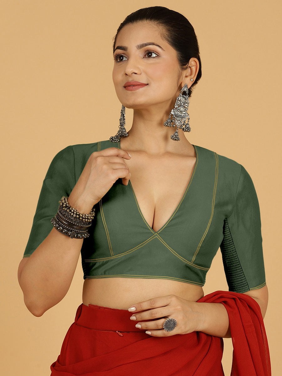 Erum x Rozaana Saree Blouse, in Green Viscose, featuring elbow sleeves and curved v-neckline, made for daily & work.