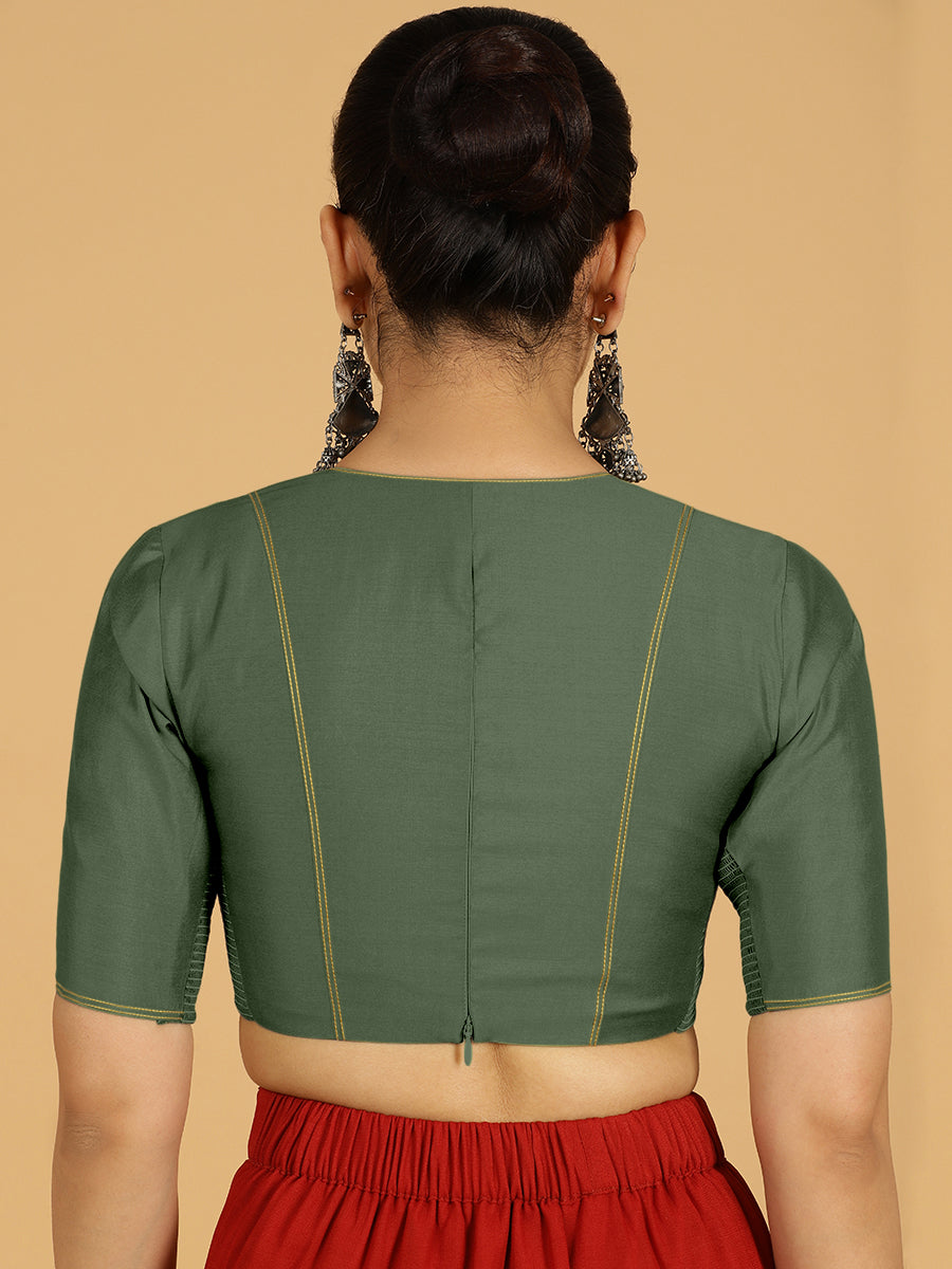 Erum x Rozaana Saree Blouse, in Green Viscose, featuring elbow sleeves and curved v-neckline, made for daily & work (view 2).