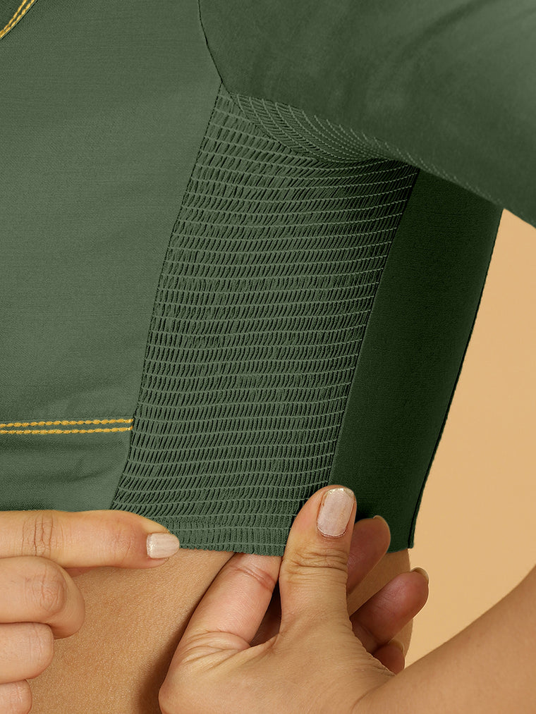 Erum x Rozaana Saree Blouse, in Green Viscose, featuring elbow sleeves and curved v-neckline, made for daily & work (view 3).