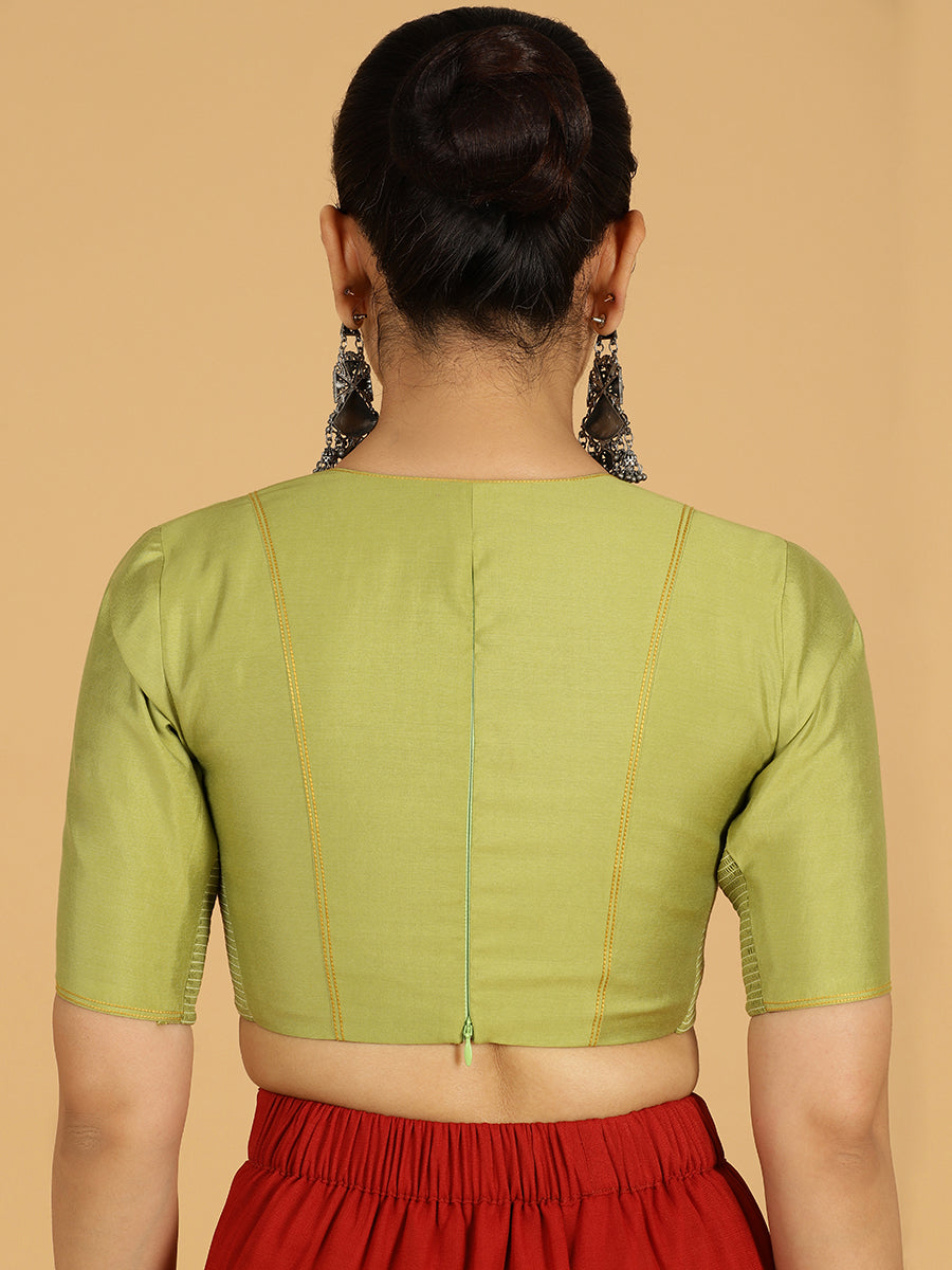 Erum x Rozaana Saree Blouse, in Green Viscose, featuring elbow sleeves and curved v-neckline, made for daily & work (view 2).